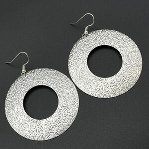 Silver Cut Out Round Floral Embossed Textured Open Hoop Dangling Hook Earrings